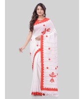 DESH BIDESH Women`s Bengali Khesh Pure Cotton Handloom Saree Trinayani Durga Designed With Blouse Piece (White Red)